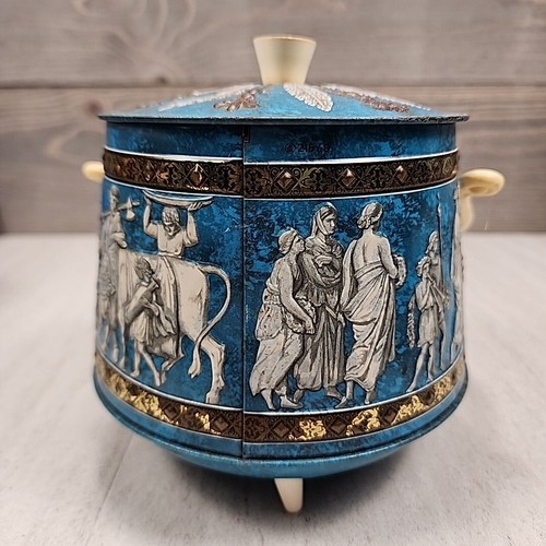 Vintage Blue Metal Greek Fresco Embossed Footed Cookie Jar Tin Tight Seal - Picture 3 of 12