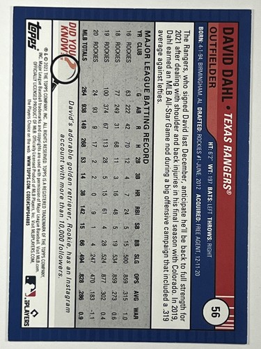 David Dahl #56 2021 Topps Big League Texas Rangers - Picture 2 of 2