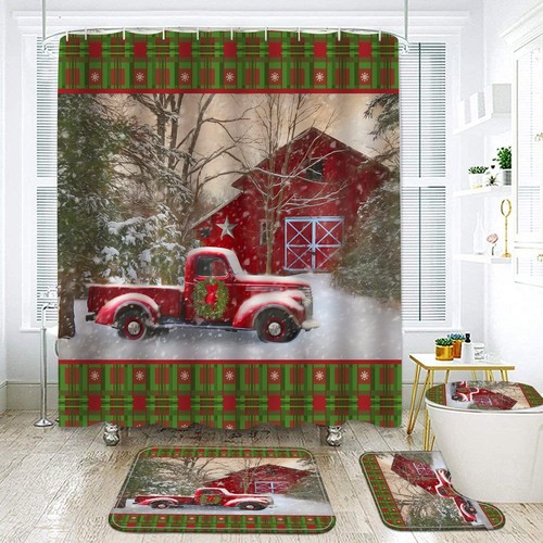 Christmas Shower Curtain Set with Bath Mat Red House&Truck eBay