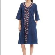GO SOFTLY dress women’s Boho Blue  Denim COTTON  FLORAL Embroidery boxy SIZE S