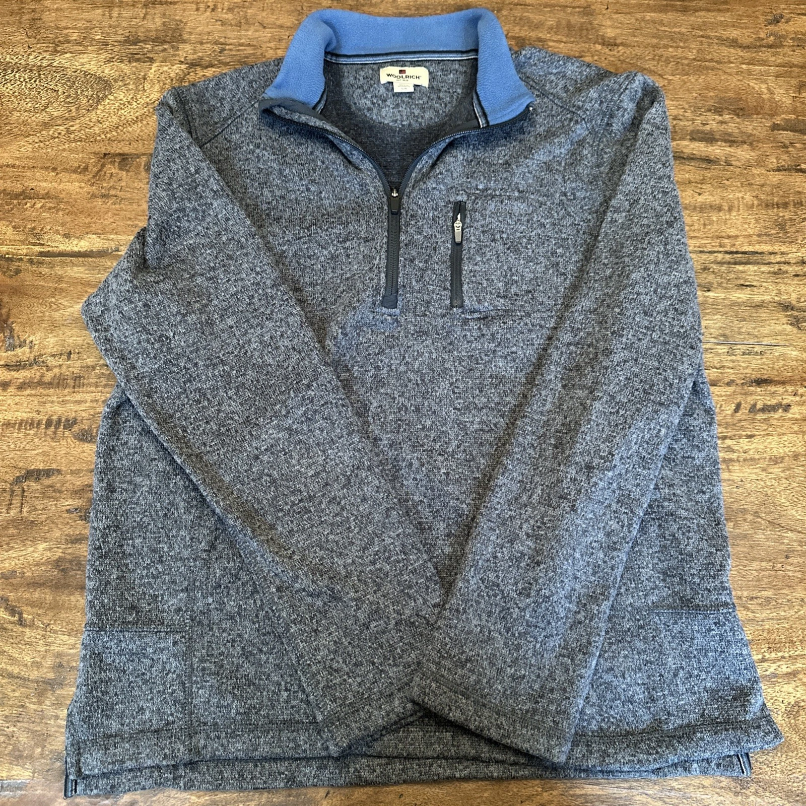 Woolrich Mens Large 1/4 Zip Pullover Sweater Blue Heather Fleece Long Sleeve