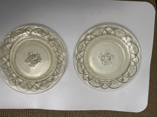 2 Antique Federal Depression Glass Sharon Cabbage Rose Amber 6” Saucer Plates