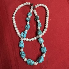 Classic Turquoise And Faux Pearl Necklace Double 