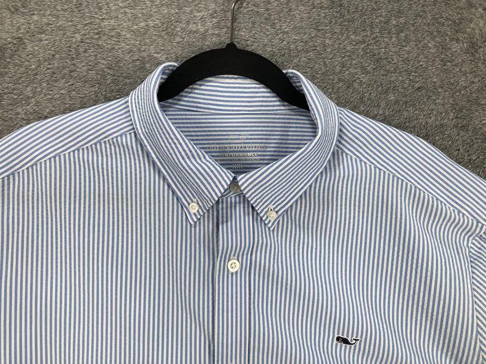 Vineyard Vines 衬衫男式 2XL 蓝色白色条纹性能纽扣标志 — 第 4/4 张图片