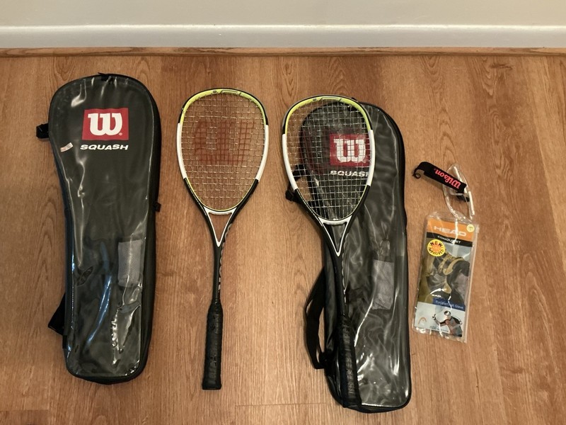 Wilson Squash Racquets Lot w/ 2 Carry Bags, Head Glove & Wrist Strap