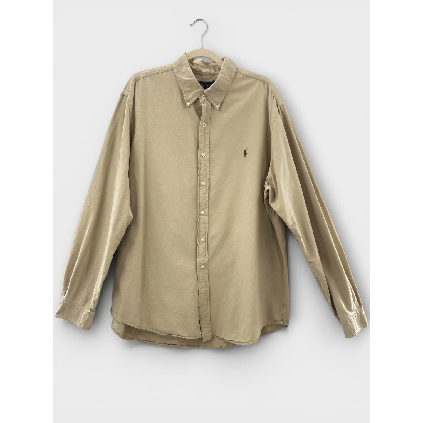Ralph Lauren Mens XXL Beige Button Down Shirt Cotton Classic Olive Pony Logo