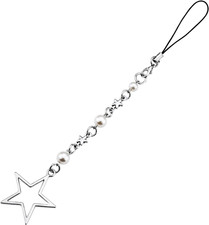 Star Phone Charm, Silver Chain Pearl Cute Strap Aesthetic Decorative Y2K Lanyard