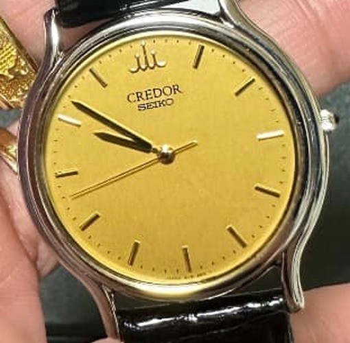 Credor Quartz Watch Gold Dial Black Leather Band Men's