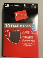 NEW Hanes soft 3 ply 100 cotton washable  reusable black face masks 10 pack