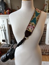 The "Atlas Tapestry" Woven Camera Strap: Teal and Burgundy Pattern, Leather Ends