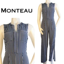 Monteau Jumpsuit Medium Blue White Striped Sleeveless Stretch Open Back Nautical