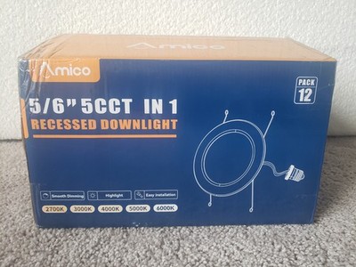 Amico 5/6'' 5CCT in 1LED Recessed Downlight, 2700k- 6000k Dimmable. 12 PACK