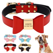 Soft Leather Dog Collar Custom Personalized with Cute Bow Tie Pet Name Engraved