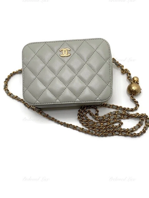 Authentic CHANEL Grey Lambskin Pearl Crush Mini Vanity Camera Bag