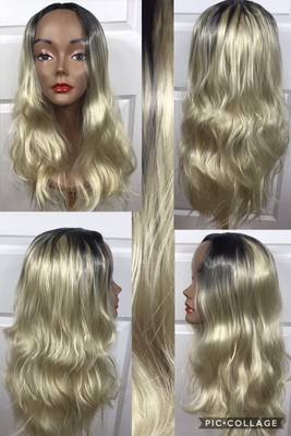 Synthetic Wig 25 Long Black Top Light Blonde Bottom Size Large