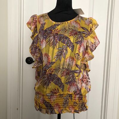 Pleione Yellow Tropical Floral Ruffle Smocked Hem Blouse Gold Stripe Medium NEW