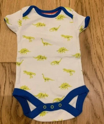 New Ex Baby Boden Vest/bodysuit white with green dinosaurs and Blue trim 0-24m