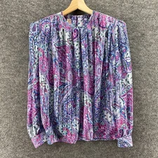 Tess Blouse Women 10 Blue Paisley Long Sleeve Crew Neck Hook & Eye Casual