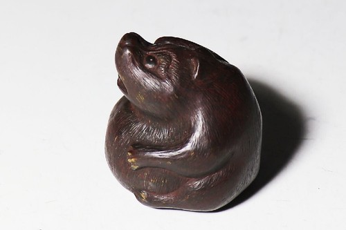 Netsuke Inro Sagemono Edo Ära japanisch antikes Holz geschnitzt Tanuki Waschbär-Hund - Bild 6 von 7