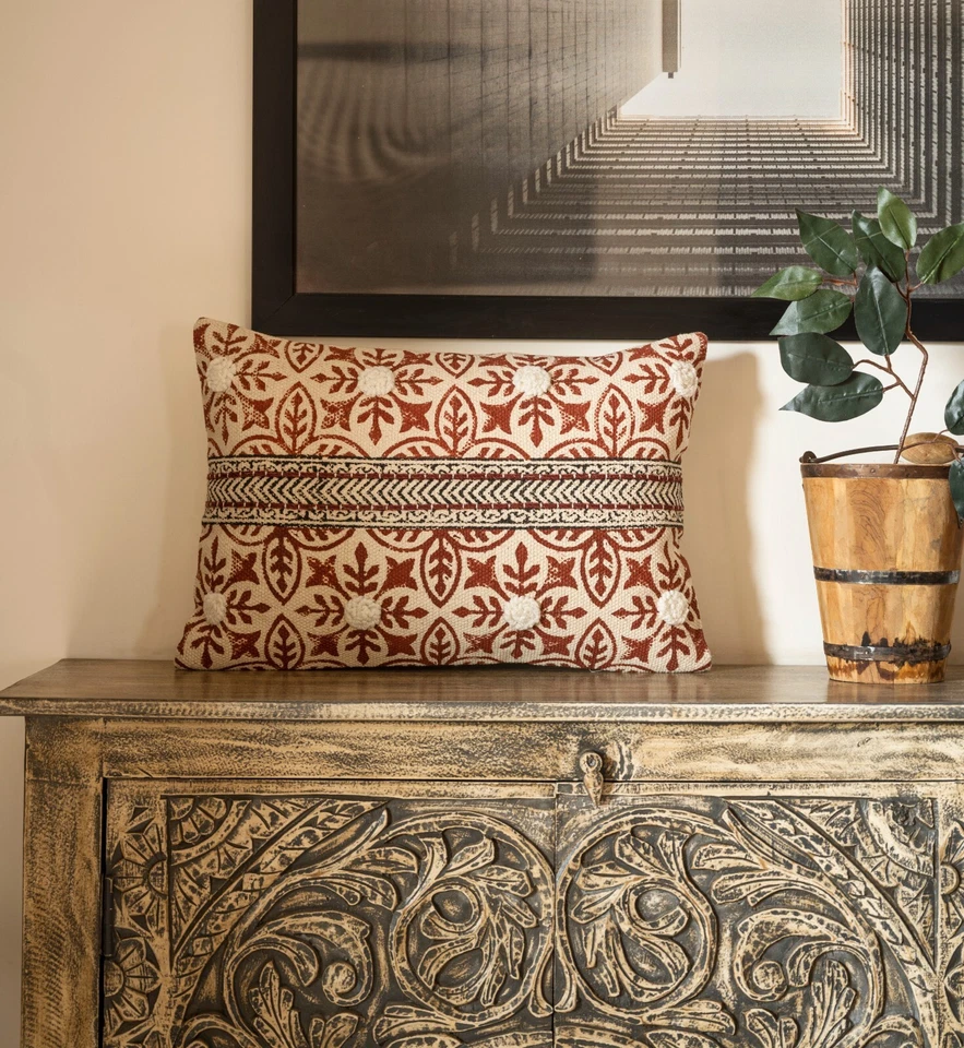 Handmade 16x24 Inch Block Print Cushion Cover - Boho Rustic Decorative Pillow - Image 2 of 4