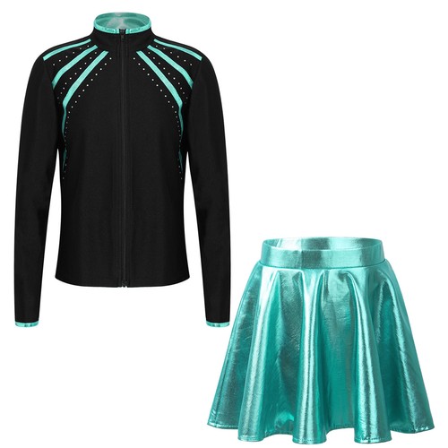 Kids Girls Outfits Competition Costume Shiny Dancewear Zipper Jacket Soft 2pcs - Picture 9 of 60