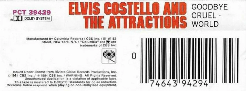 Elvis Costello And The Attractions ‎– Goodbye Cruel World CASSETTE CBS USA ISSUE - Image 3 of 4