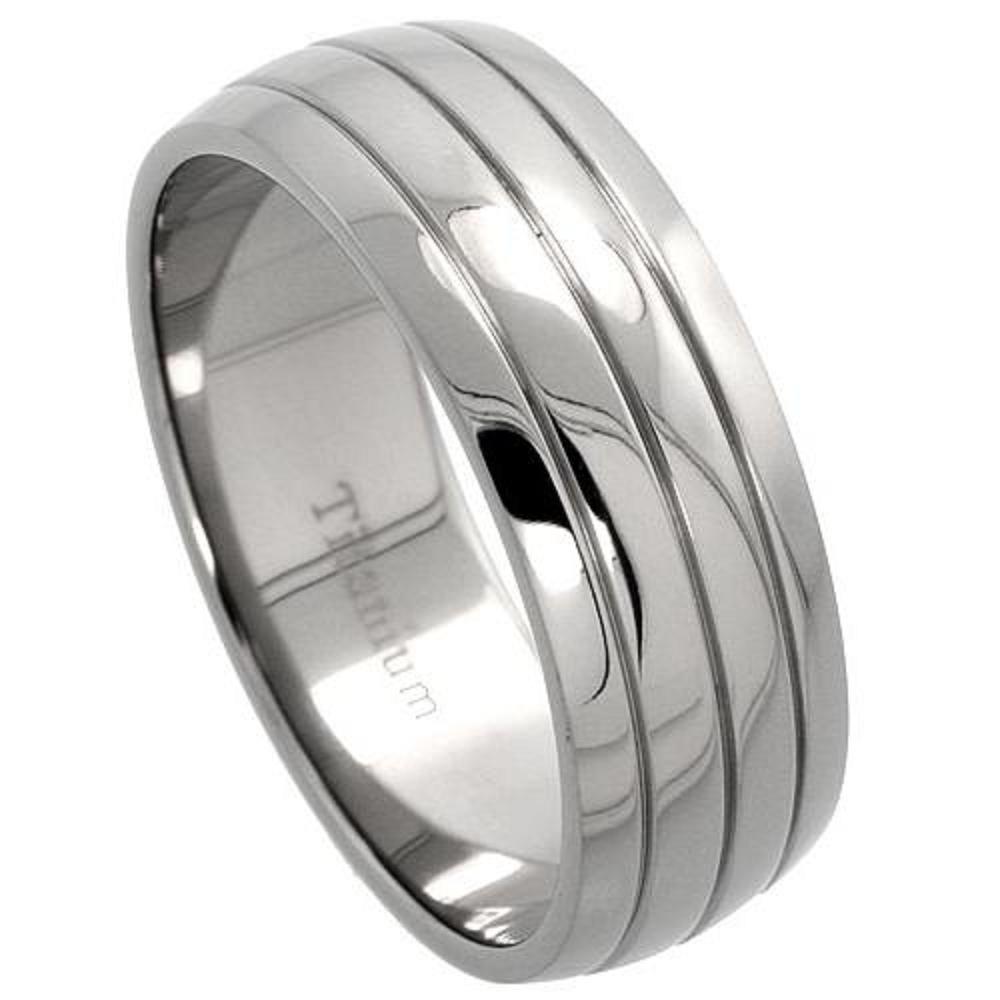 8mm Titanium Domed Wedding Band Ring with 3 Grooves, Comfort Fit-image