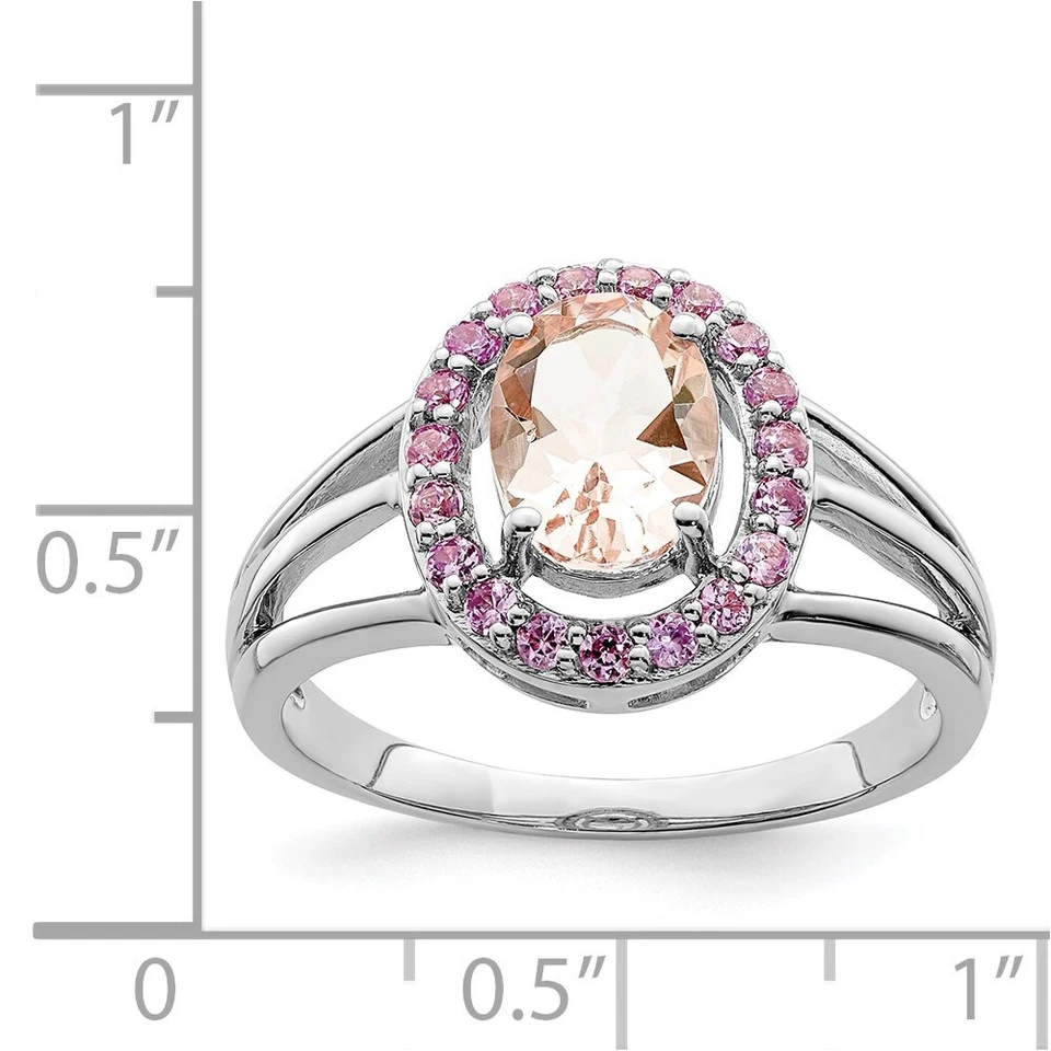 Sterling Silver Rhodium Morganite & Pink Sapphire Oval Ring for Women Size 9 - Image 3 of 4