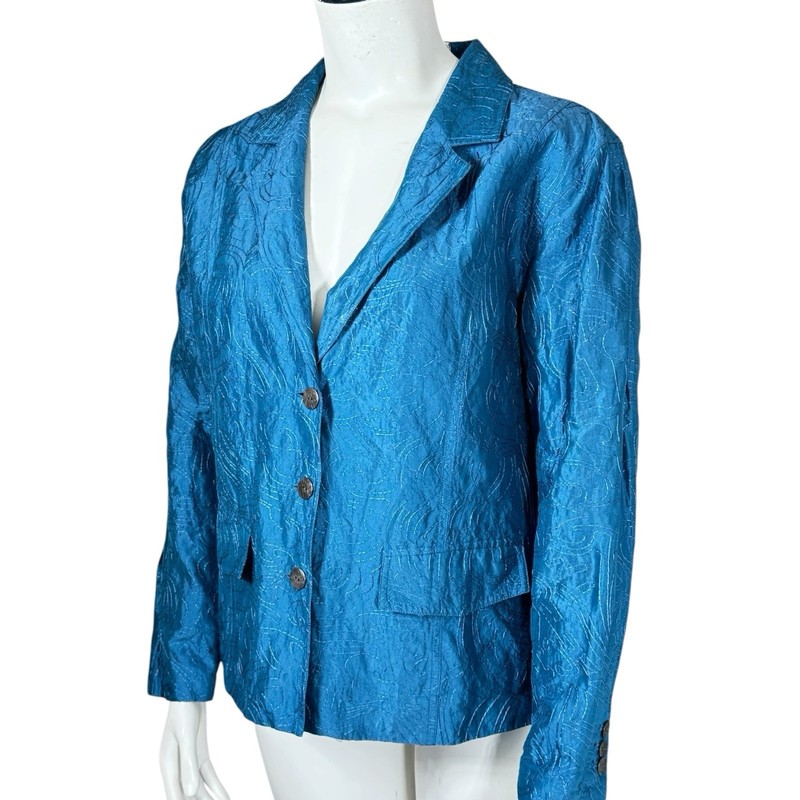 Chico’s Size 2 (L)Turquoise Blue Silk Blend Metallic Embroidered Blazer 3 Button