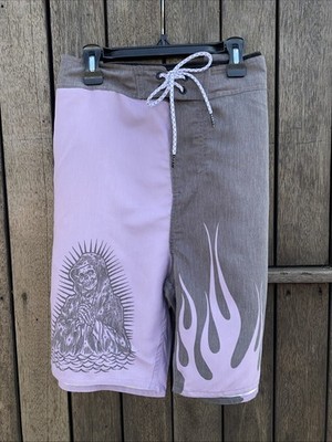 NWT Lost Enterprises Gray & Light Purple Flames Grim Reaper Board shorts 38 W