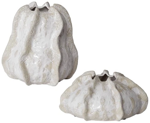 Urchin 10" Wide Ivory and Beige Glaze Ceramic Vases Set of 2 - Picture 2 of 3