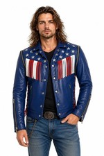 Men’s Blue USA Flag Fringe Leather Jacket Western Cowboy Motorcycle Jacket