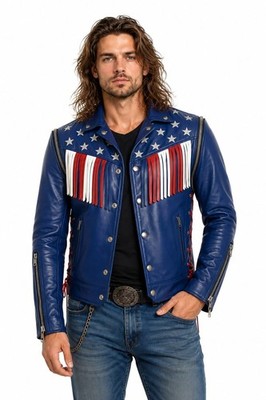 Men s Blue USA Flag Fringe Leather Jacket Western Cowboy Motorcycle Jacket