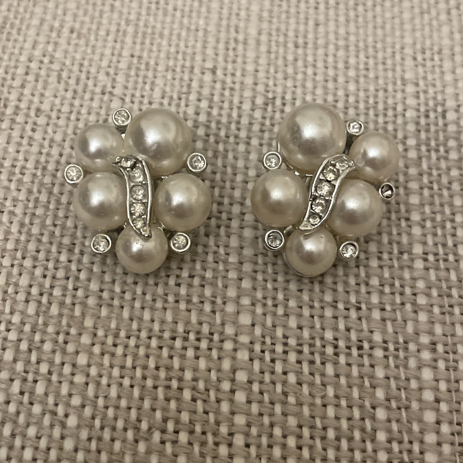 Vintage faux pearl rhinestone Leaf cluster clip on earrings Silver tone Pave