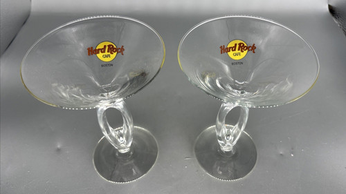 2 Hard Rock Cafe Boston Split Stem Martini Glasses Collectible 6.5" Tall
