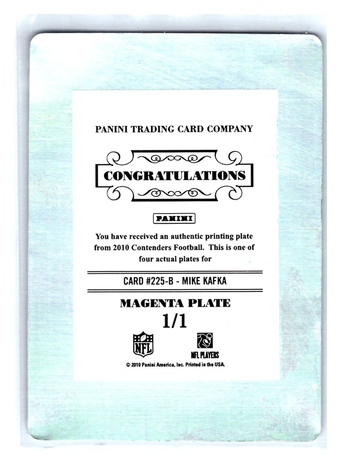 Mike Kafka 2010 Playoff Contenders Printing Plates 1/1 Magenta #225 - Image 2 of 2