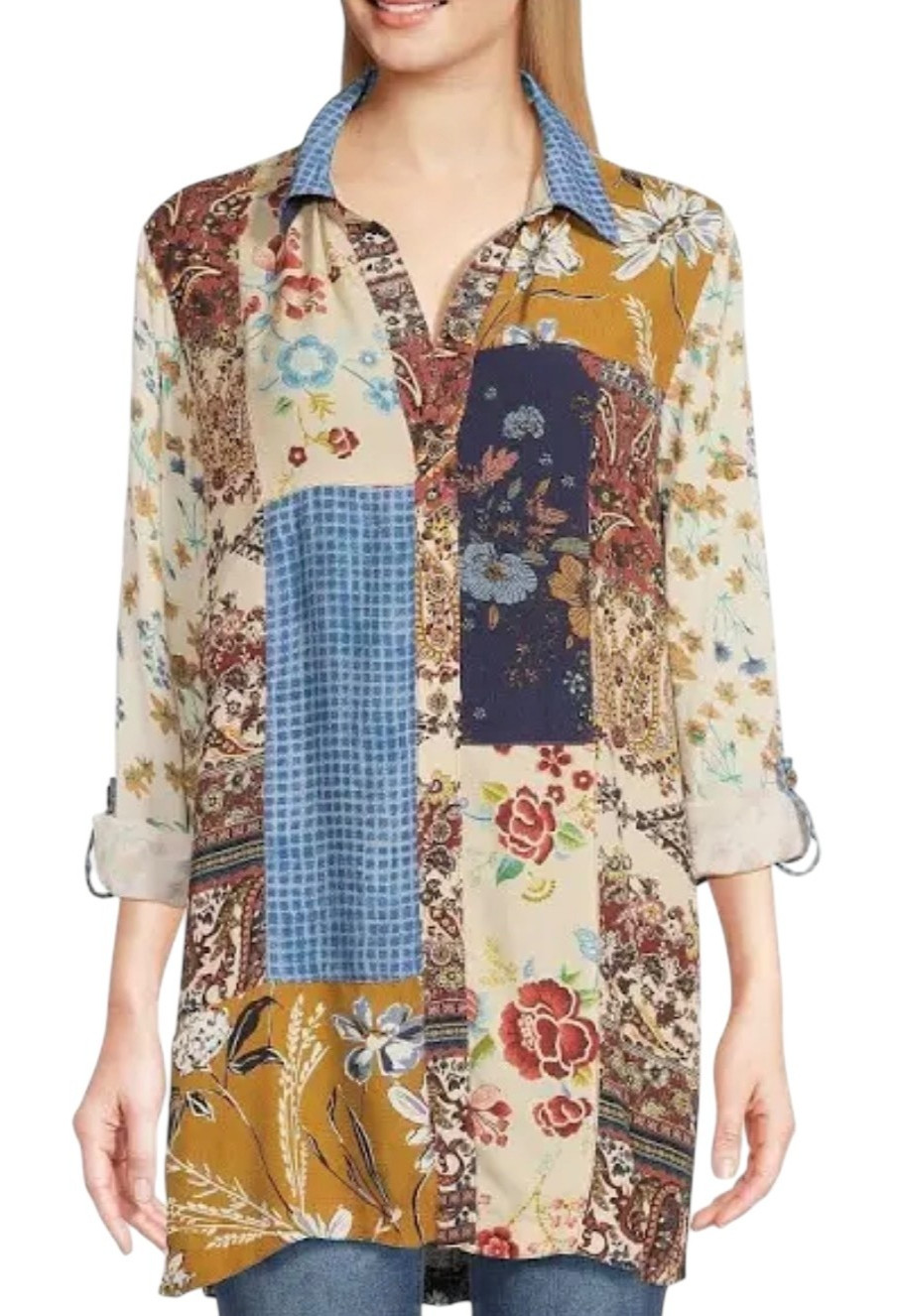 John Mark Patchwork Print Tunic Button Front Shir… - image 1