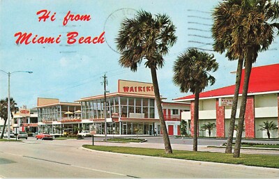 Miami Beach Florida Postcard ''Hi''. Waikiki Motel Old Cars Postmark 1968    E3*