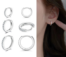 A Pair Women Girl 925 Sterling Silver Plated CZ Round Huggie Hoop Earrings