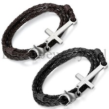 Multilayer Black Brown PU Leather Cross Bracelet Tribal Braided Men Unisex Gift