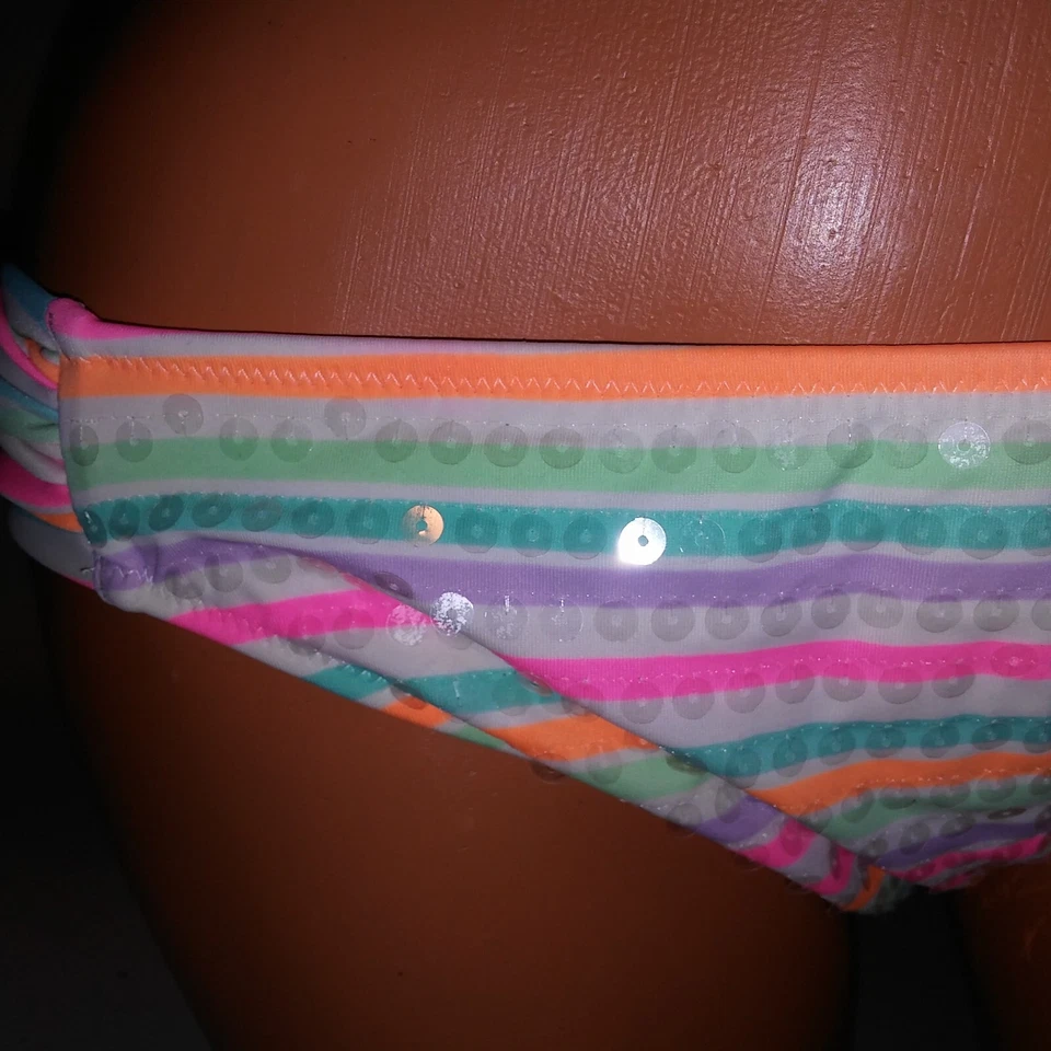 Parte inferior de bikini de natación Victoria Secret grande blanca a rayas arco iris lentejuelas bling Foto 3 de 4