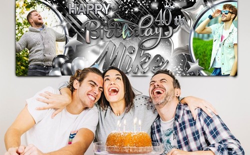 Personalised birthday banner photo silver black boy woman man party deocration - Picture 8 of 13