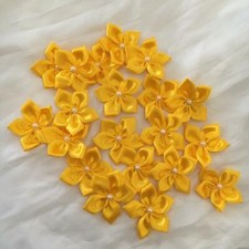 10pcs Satin Ribbon Flowers with Pearl Bead Sewing Applique DIY Craft Party deco