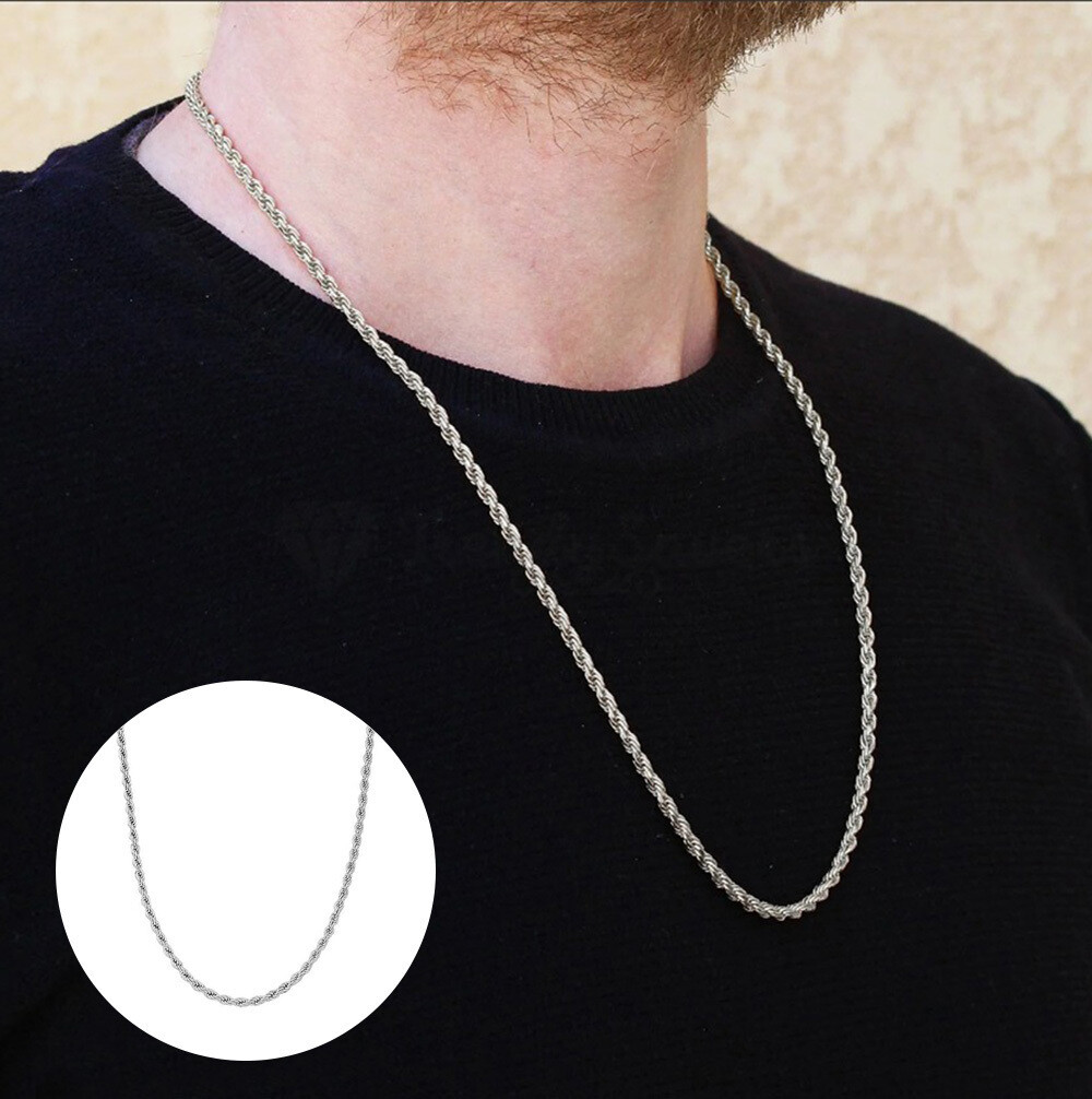 Attractive Silver Necklace 4MM Twisted Rope Chain 26” inch Long Stainless  Steel