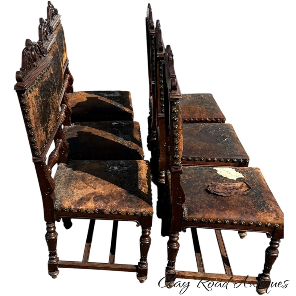Antique Heavily carved victorian  renaissance 6 castle  chairs leather 1880 - Image 4 of 4