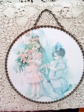 Victorian Chimney Flue Cover with Chain Two Young Girls in Fancy Dresses