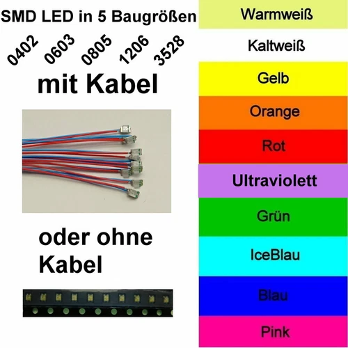10 pieces SMD LED 0402 0603 0805 1206 3528 ready wired or without cable