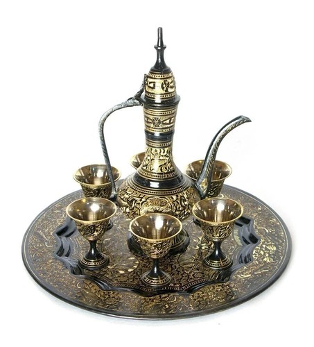 Brass Wine Glass Set with Tray and Aftaba Hand Crafted Home Decoration - Picture 2 of 4