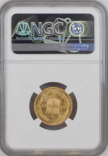 SWITZERLAND , GOLD 20 FRANCS 1896 B - RARE VARIETY - NGC MS 64 , RARE2 - Picture 2 of 2