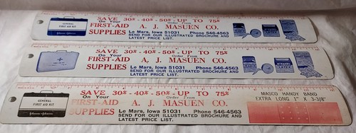 Vtg Deal of 3 Metal Rulers - A.J. Masuen Co., Le Mars, Iowa - First Aid Supplies - Picture 3 of 5